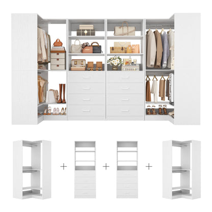U-Shaped Closet Organizer System, 104'' Wide Wardrobe Closet with 8 Drawers, 4 Hanging Rods, and 13 Storage Shelves
