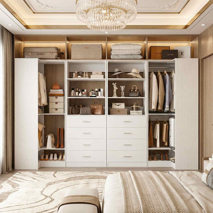 U-Shaped Closet Organizer System, 104'' Wide Wardrobe Closet with 8 Drawers, 4 Hanging Rods, and 13 Storage Shelves