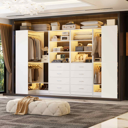 U-Shaped Closet Organizer System, 104'' Wide Wardrobe Closet with 8 Drawers, 4 Hanging Rods, and 13 Storage Shelves