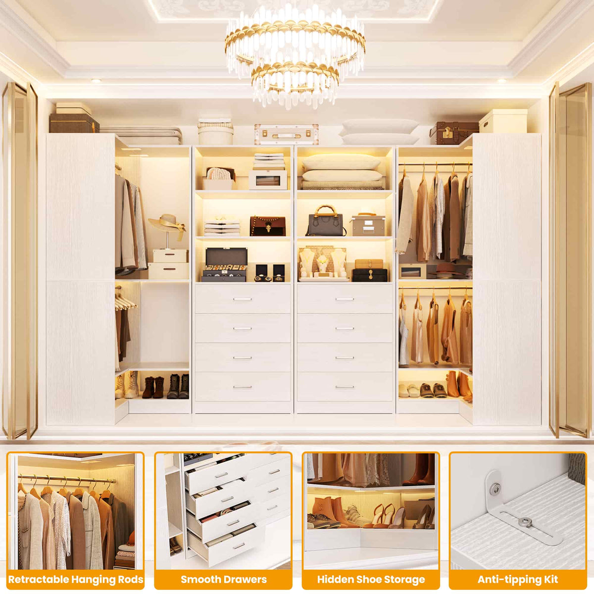 U-Shaped Closet Organizer System, 104'' Wide Wardrobe Closet with 8 Drawers, 4 Hanging Rods, and 13 Storage Shelves