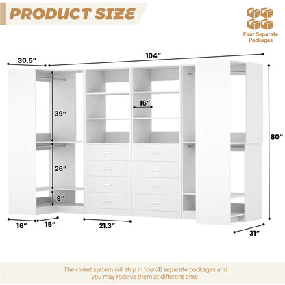 U-Shaped Closet Organizer System, 104'' Wide Wardrobe Closet with 8 Drawers, 4 Hanging Rods, and 13 Storage Shelves