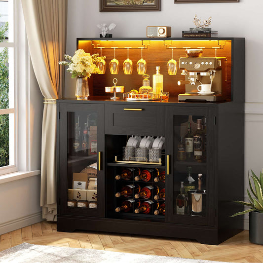 Wine Bar Cabinet with LED Lights and Outlets, Liquor Bar Cabinet with Drawer Storage & Grid Wine Rack
