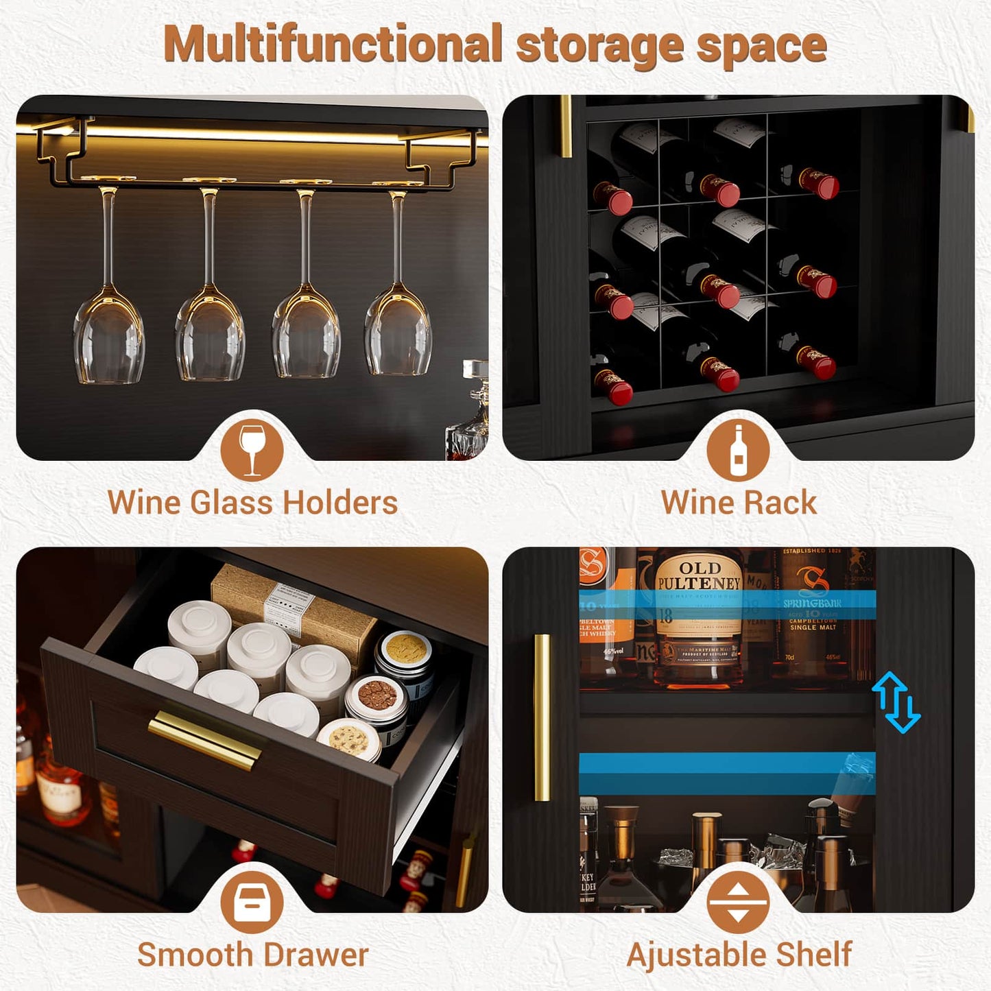 Wine Bar Cabinet with LED Lights and Outlets, Liquor Bar Cabinet with Drawer Storage & Grid Wine Rack