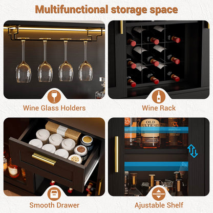 Wine Bar Cabinet with LED Lights and Outlets, Liquor Bar Cabinet with Drawer Storage & Grid Wine Rack