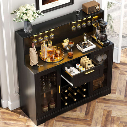 Wine Bar Cabinet with LED Lights and Outlets, Liquor Bar Cabinet with Drawer Storage & Grid Wine Rack