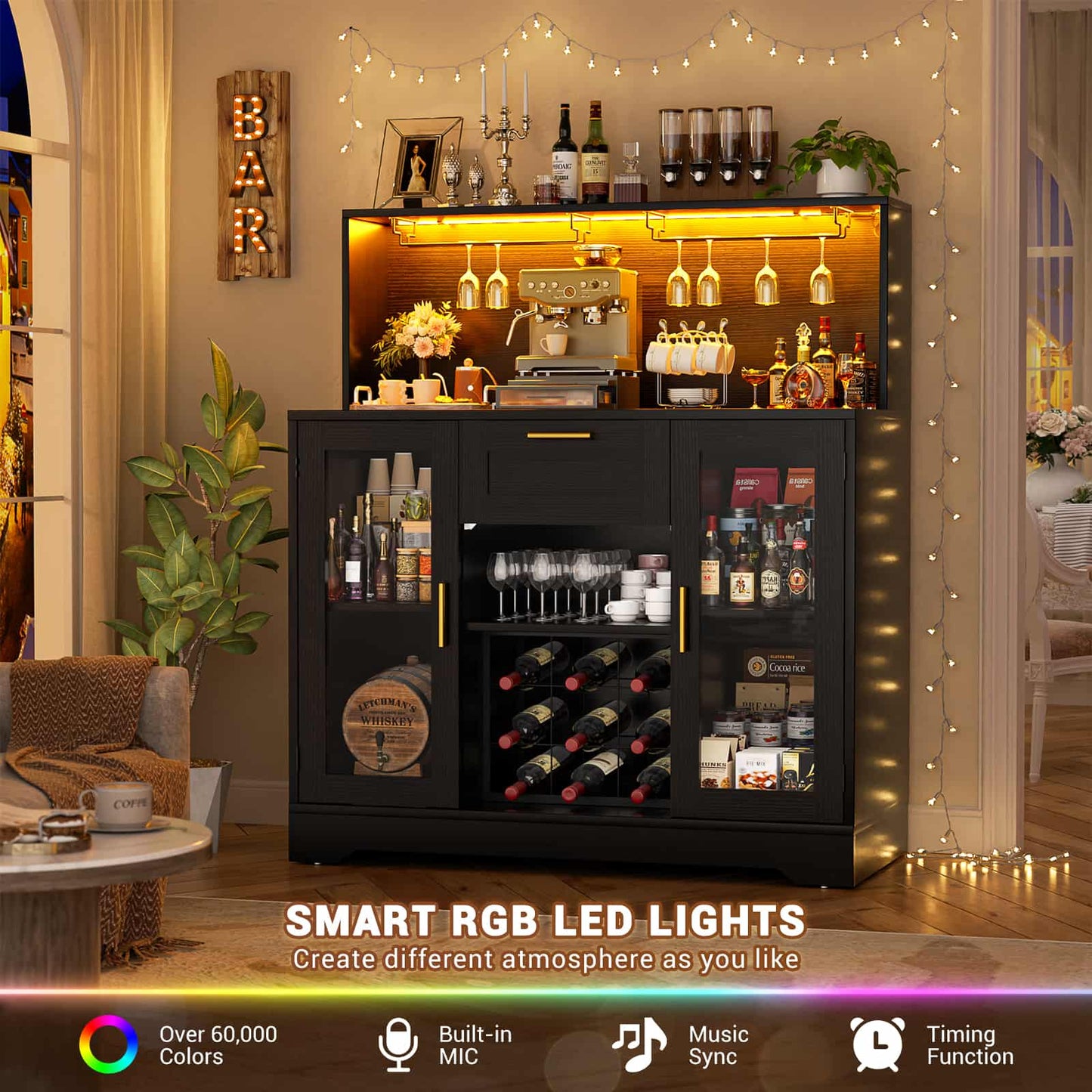 Wine Bar Cabinet with LED Lights and Outlets, Liquor Bar Cabinet with Drawer Storage & Grid Wine Rack