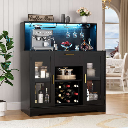 Wine Bar Cabinet with LED Lights and Outlets, Liquor Bar Cabinet with Drawer Storage & Grid Wine Rack