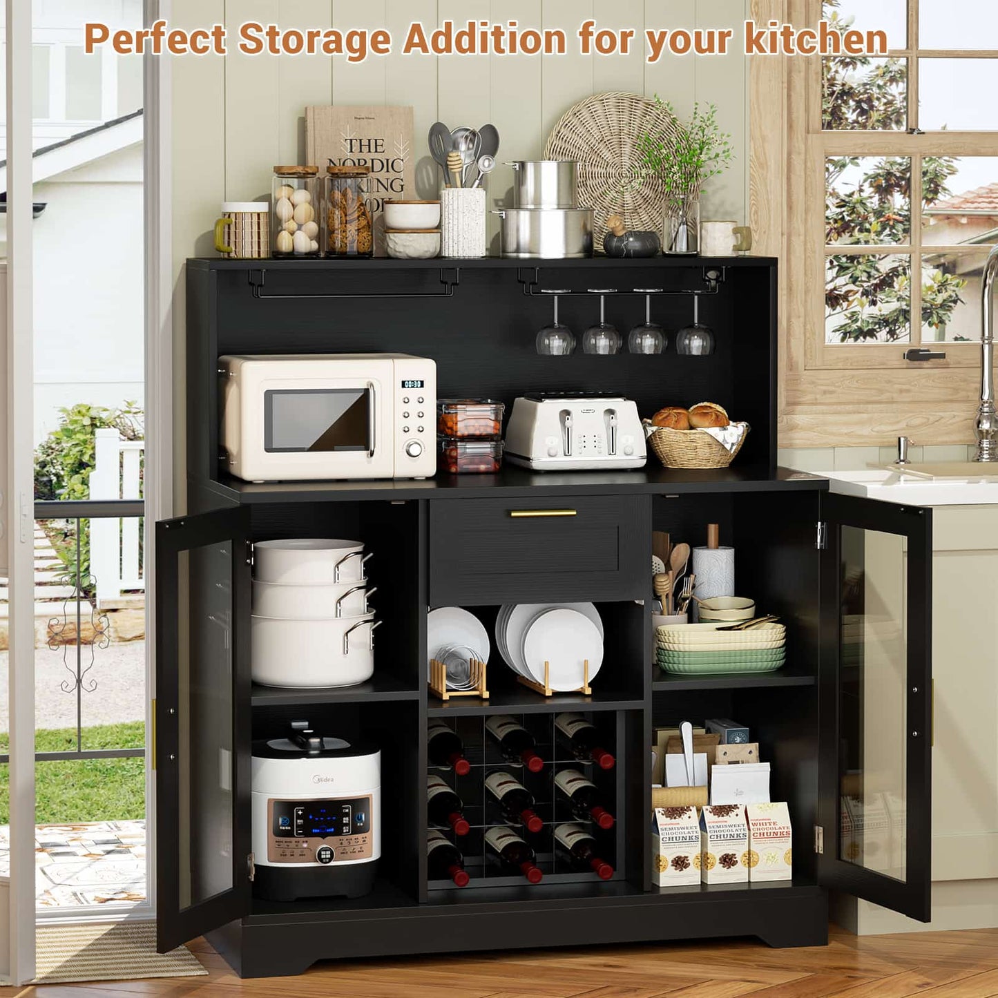 Wine Bar Cabinet with LED Lights and Outlets, Liquor Bar Cabinet with Drawer Storage & Grid Wine Rack