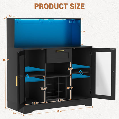 Wine Bar Cabinet with LED Lights and Outlets, Liquor Bar Cabinet with Drawer Storage & Grid Wine Rack