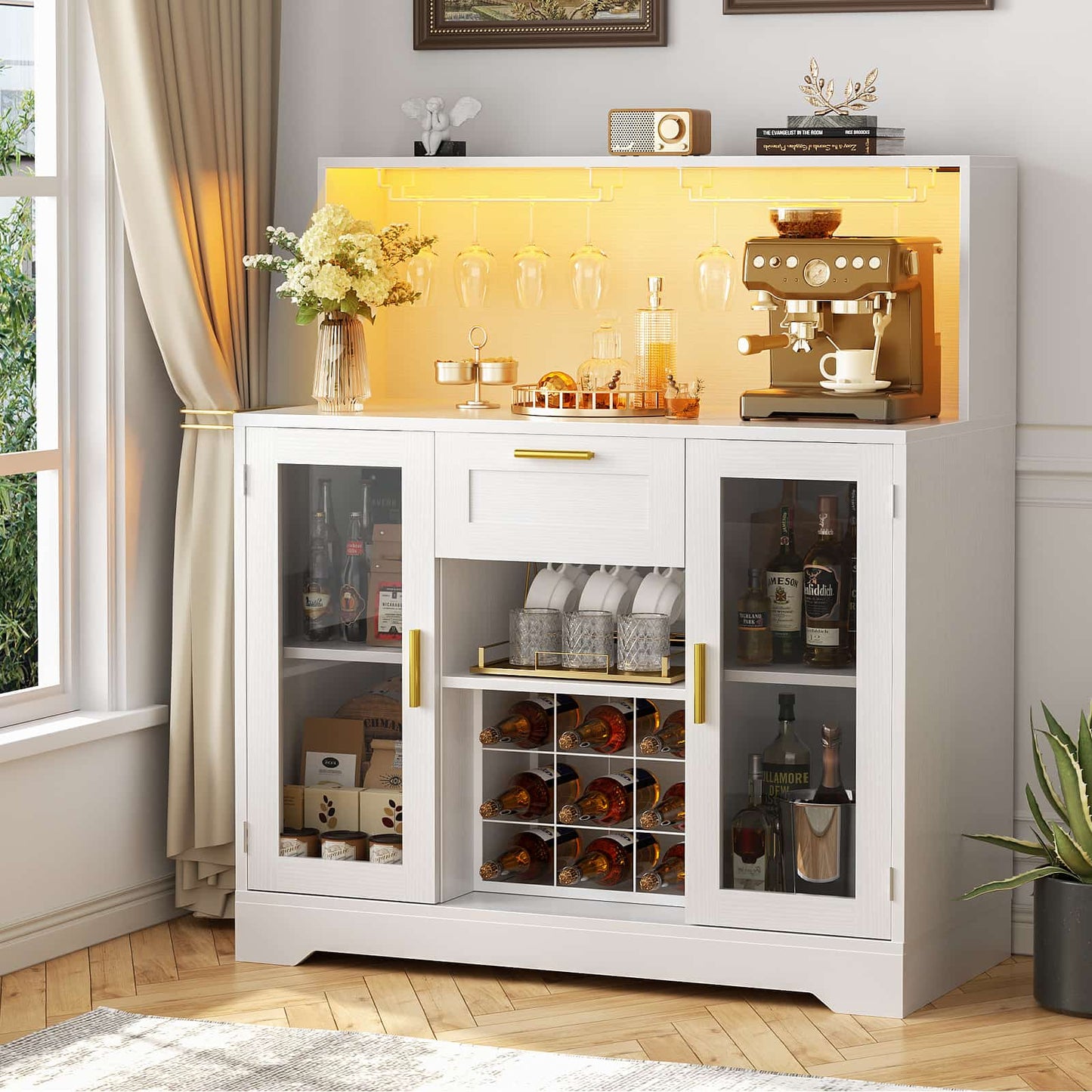 Wine Bar Cabinet with LED Lights and Outlets, Liquor Bar Cabinet with Drawer Storage & Grid Wine Rack