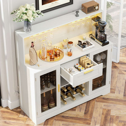 Wine Bar Cabinet with LED Lights and Outlets, Liquor Bar Cabinet with Drawer Storage & Grid Wine Rack