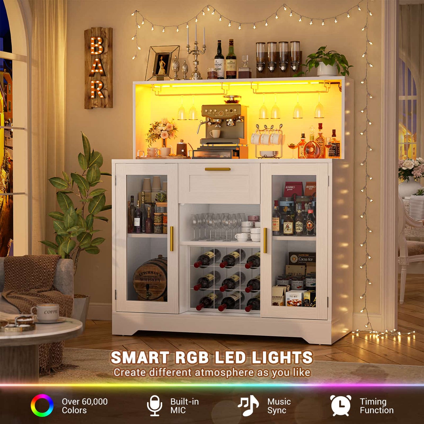 Wine Bar Cabinet with LED Lights and Outlets, Liquor Bar Cabinet with Drawer Storage & Grid Wine Rack