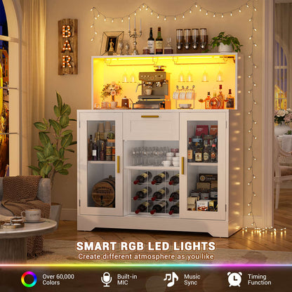 Wine Bar Cabinet with LED Lights and Outlets, Liquor Bar Cabinet with Drawer Storage & Grid Wine Rack