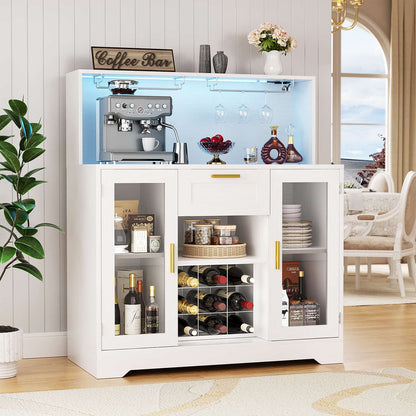 Wine Bar Cabinet with LED Lights and Outlets, Liquor Bar Cabinet with Drawer Storage & Grid Wine Rack