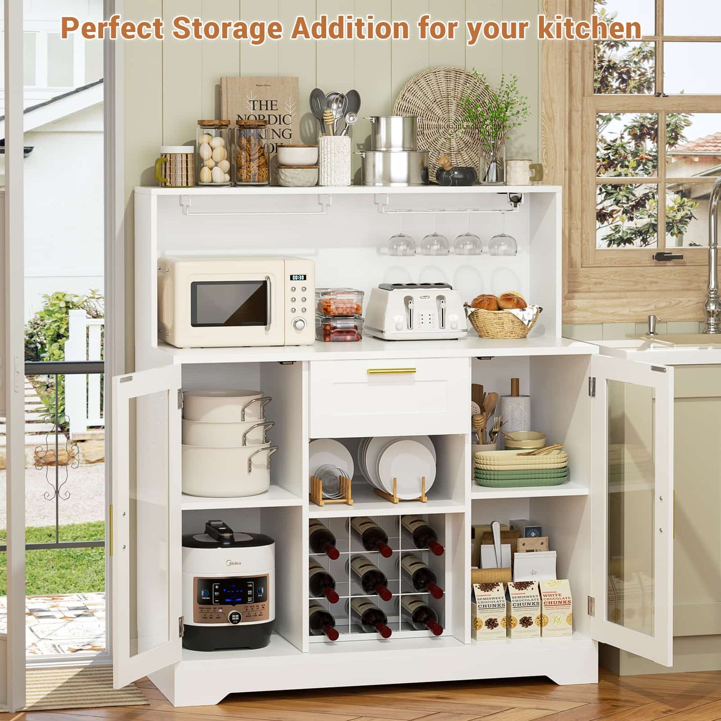 Wine Bar Cabinet with LED Lights and Outlets, Liquor Bar Cabinet with Drawer Storage & Grid Wine Rack