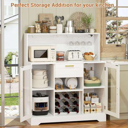 Wine Bar Cabinet with LED Lights and Outlets, Liquor Bar Cabinet with Drawer Storage & Grid Wine Rack