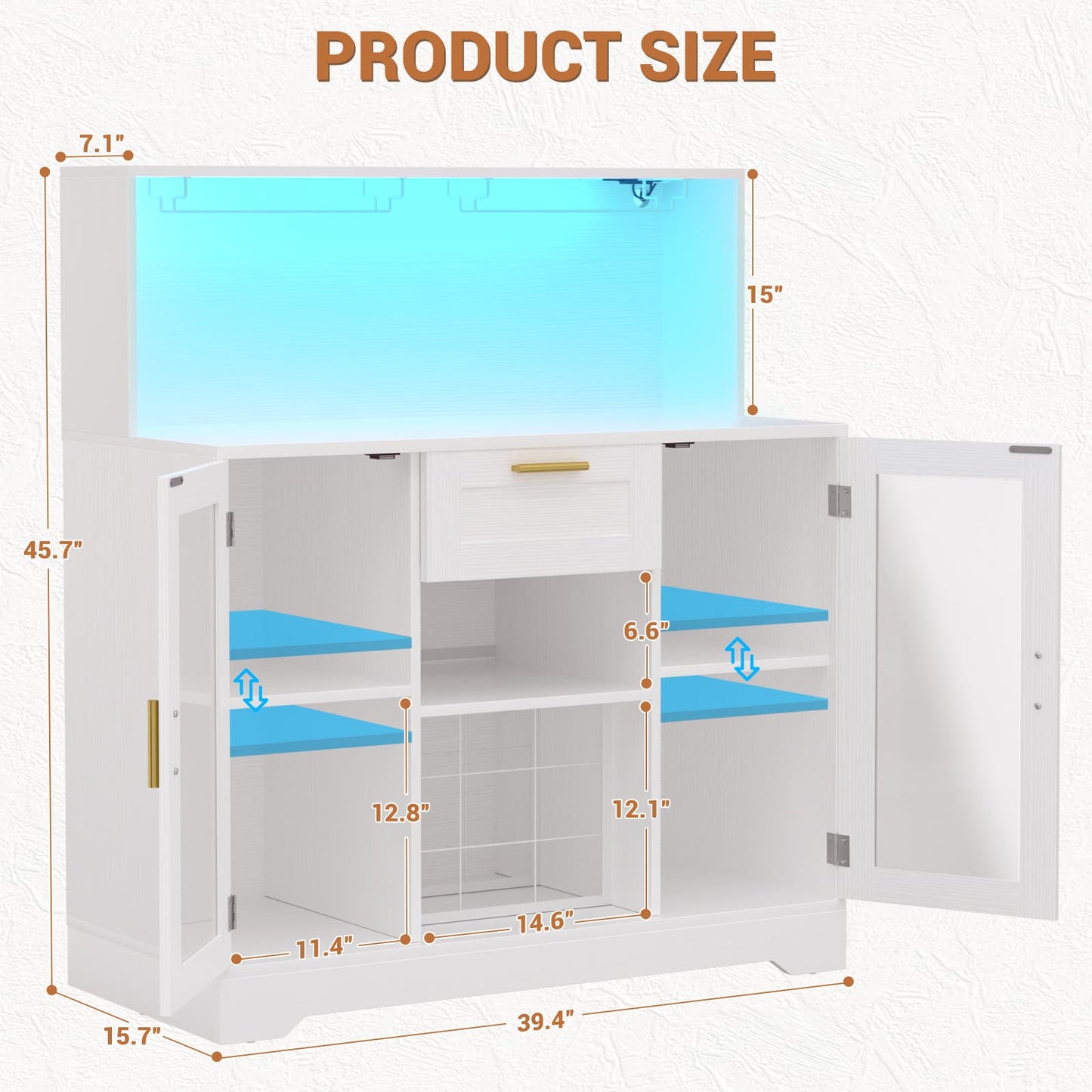 Wine Bar Cabinet with LED Lights and Outlets, Liquor Bar Cabinet with Drawer Storage & Grid Wine Rack