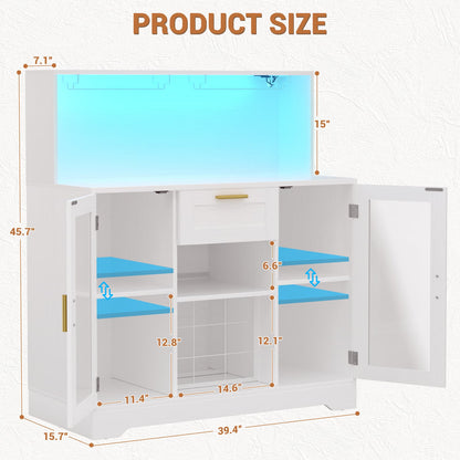 Wine Bar Cabinet with LED Lights and Outlets, Liquor Bar Cabinet with Drawer Storage & Grid Wine Rack