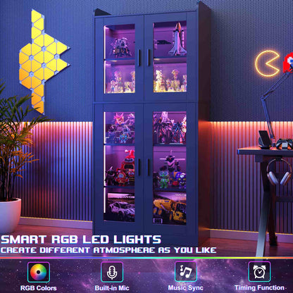 6-Shelf Bookcase with 4 Glass Doors, 67.4 inch Tall Bookcase with RGB LED Lights