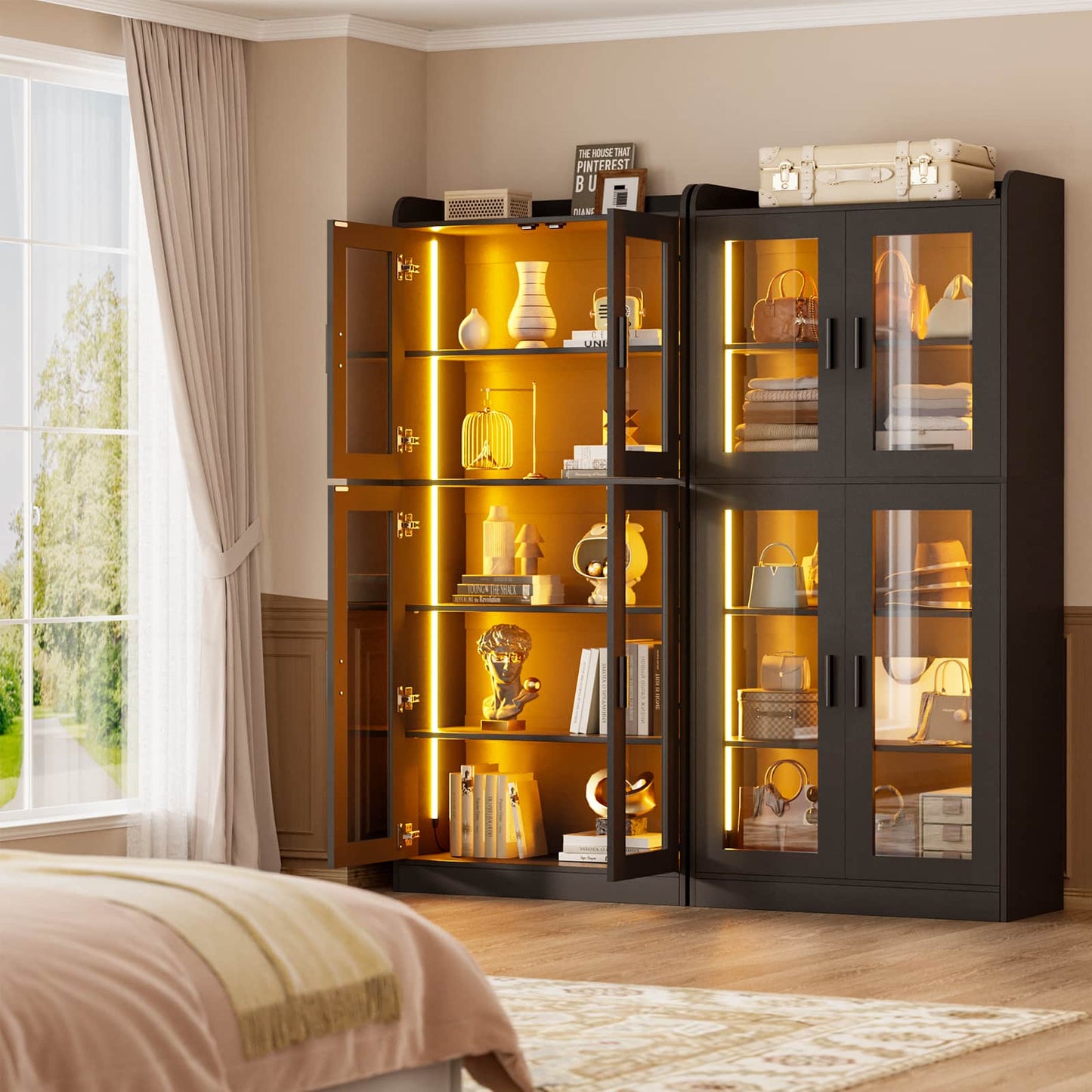 6-Shelf Bookcase with 4 Glass Doors, 67.4 inch Tall Bookcase with RGB LED Lights