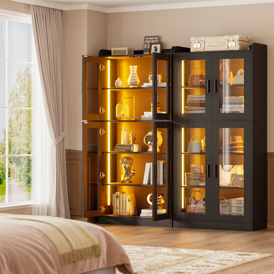 6-Shelf Bookcase with 4 Glass Doors, 67.4 inch Tall Bookcase with RGB LED Lights