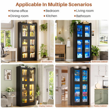 6-Shelf Bookcase with 4 Glass Doors, 67.4 inch Tall Bookcase with RGB LED Lights