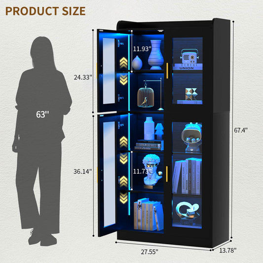 6-Shelf Bookcase with 4 Glass Doors, 67.4 inch Tall Bookcase with RGB LED Lights