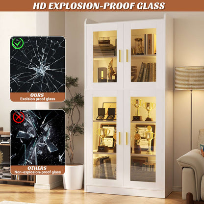 6-Shelf Bookcase with 4 Glass Doors, 67.4 inch Tall Bookcase with RGB LED Lights