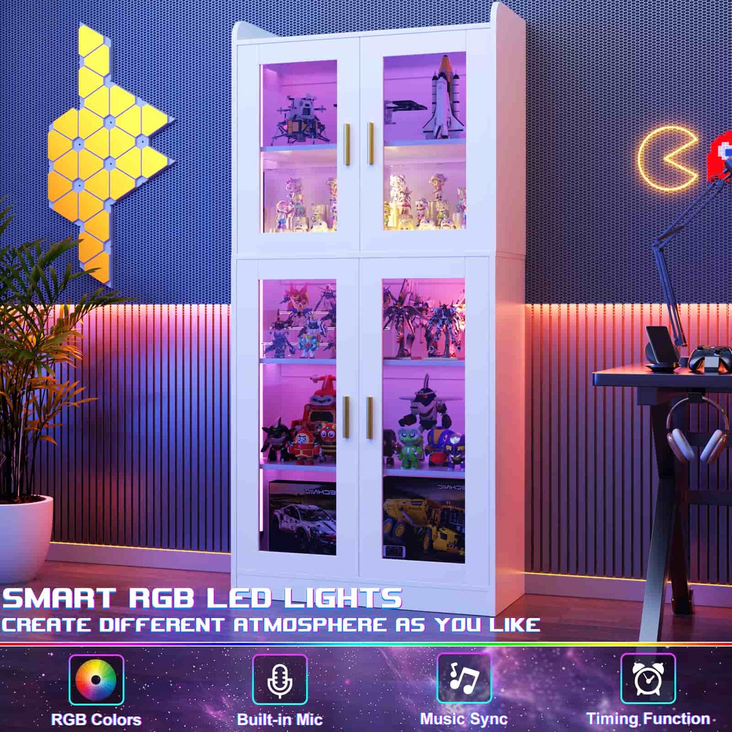 6-Shelf Bookcase with 4 Glass Doors, 67.4 inch Tall Bookcase with RGB LED Lights