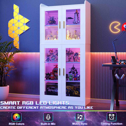 6-Shelf Bookcase with 4 Glass Doors, 67.4 inch Tall Bookcase with RGB LED Lights