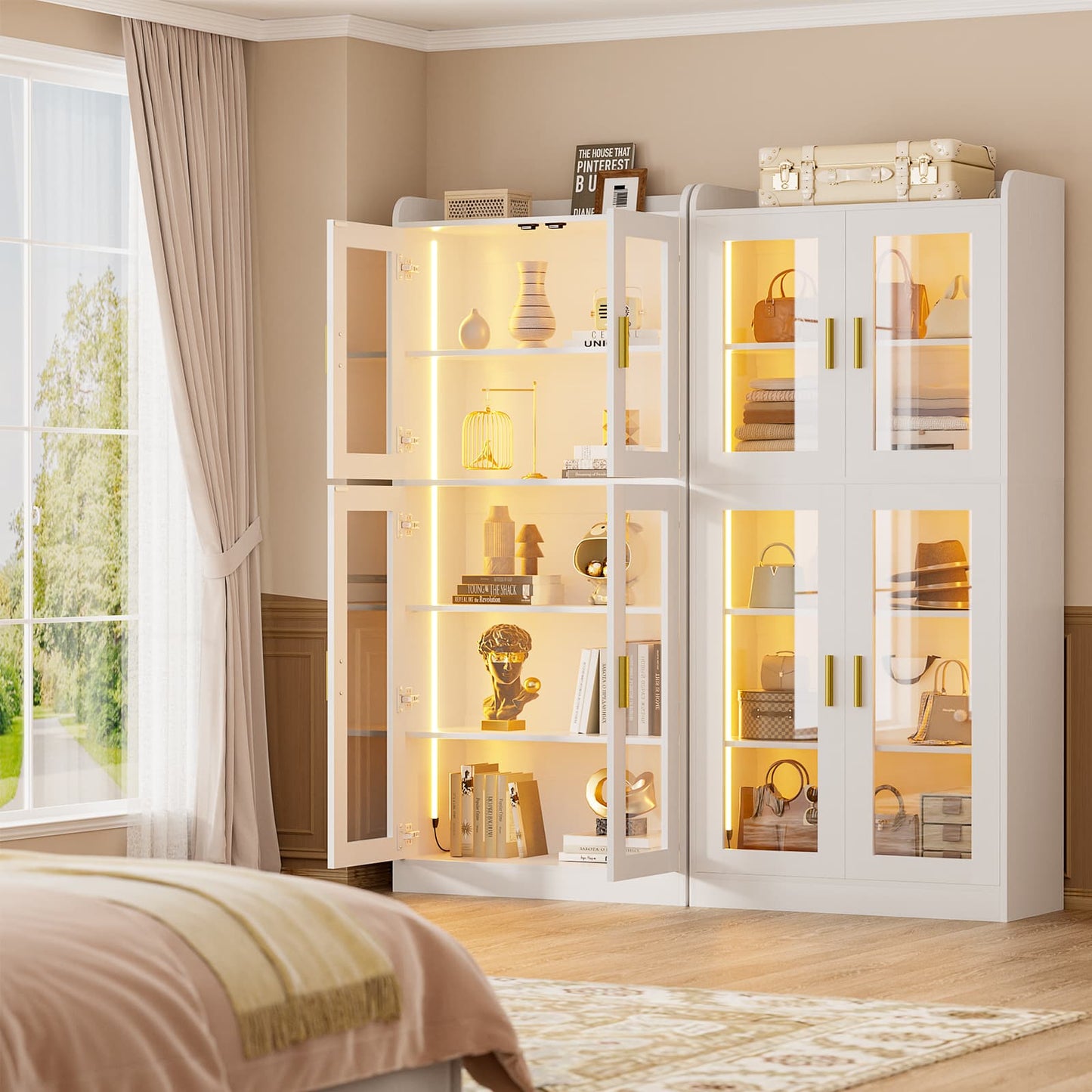 6-Shelf Bookcase with 4 Glass Doors, 67.4 inch Tall Bookcase with RGB LED Lights