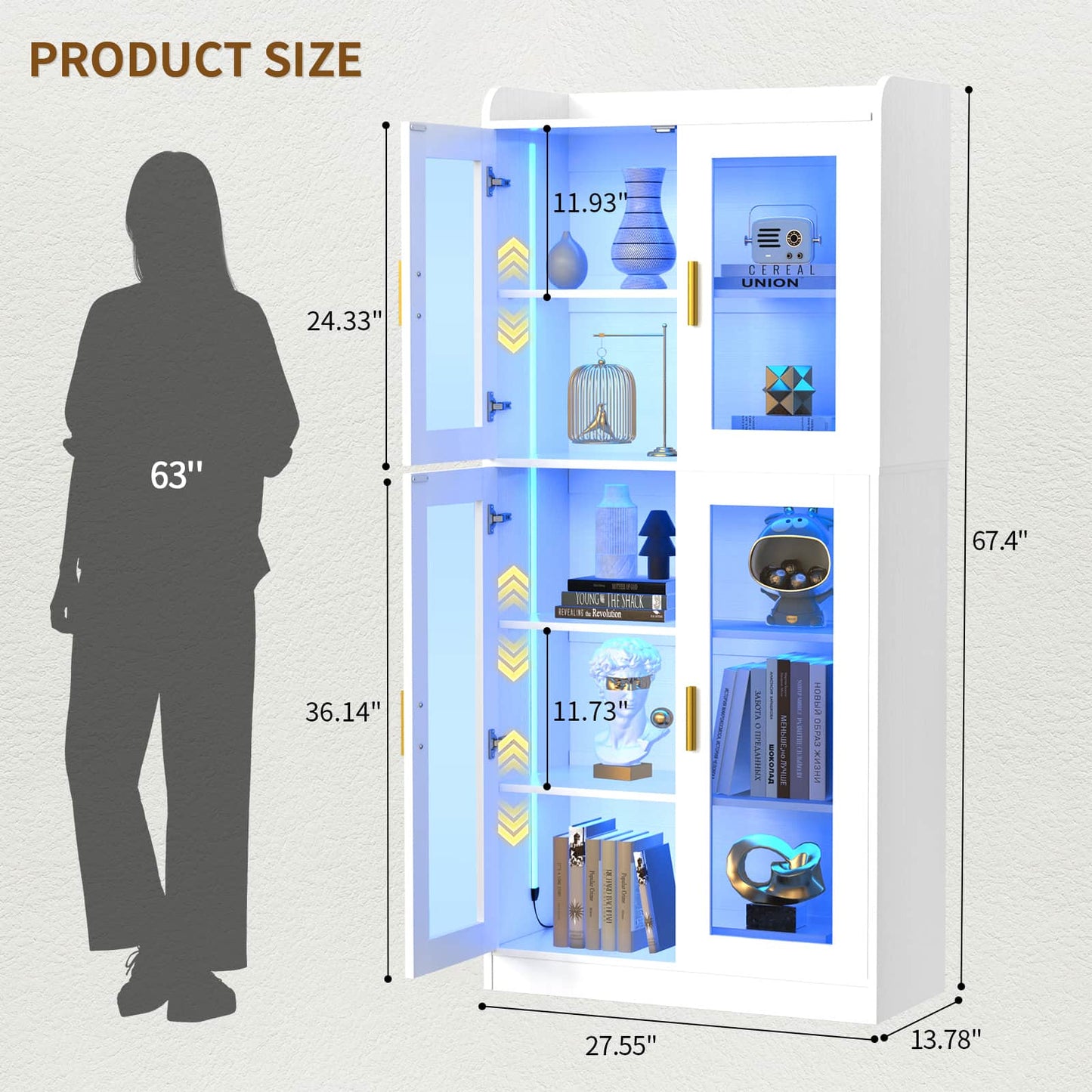 6-Shelf Bookcase with 4 Glass Doors, 67.4 inch Tall Bookcase with RGB LED Lights