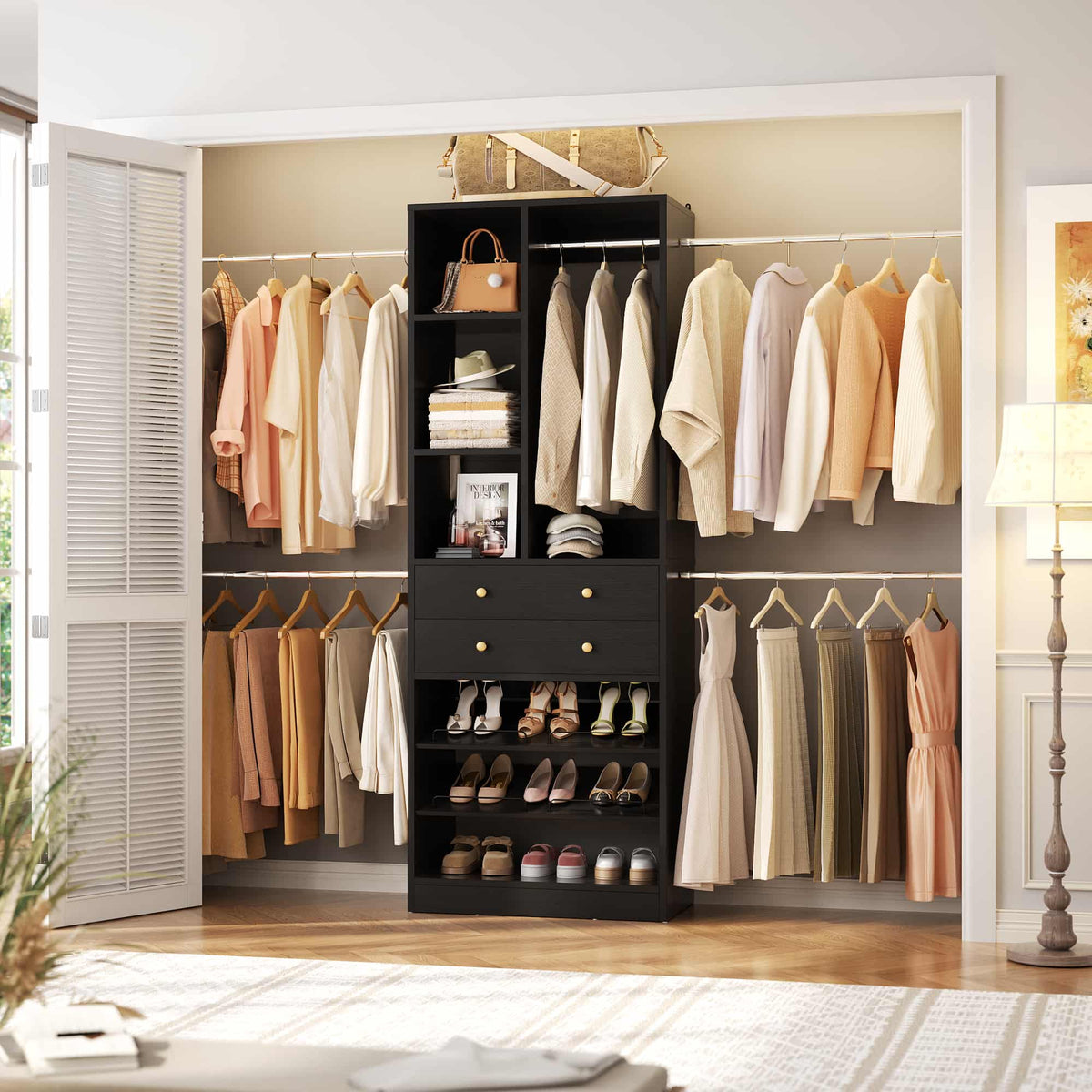 2.4–8.8 FT Adjustable Closet System, with 2 Drawers, 5 Hanging Rods & Adjustable Shelves