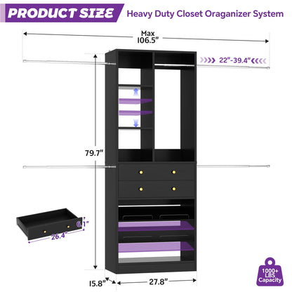 2.4–8.8 FT Adjustable Closet System, with 2 Drawers, 5 Hanging Rods & Adjustable Shelves