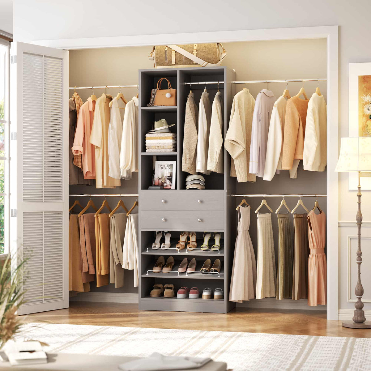 2.4–8.8 FT Adjustable Closet System, with 2 Drawers, 5 Hanging Rods & Adjustable Shelves