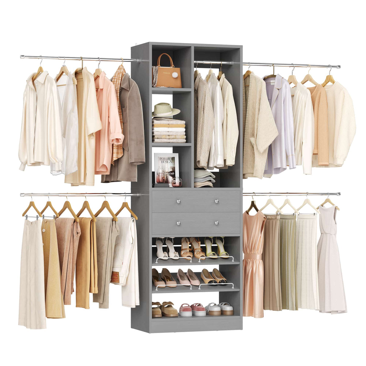 2.4–8.8 FT Adjustable Closet System, with 2 Drawers, 5 Hanging Rods & Adjustable Shelves