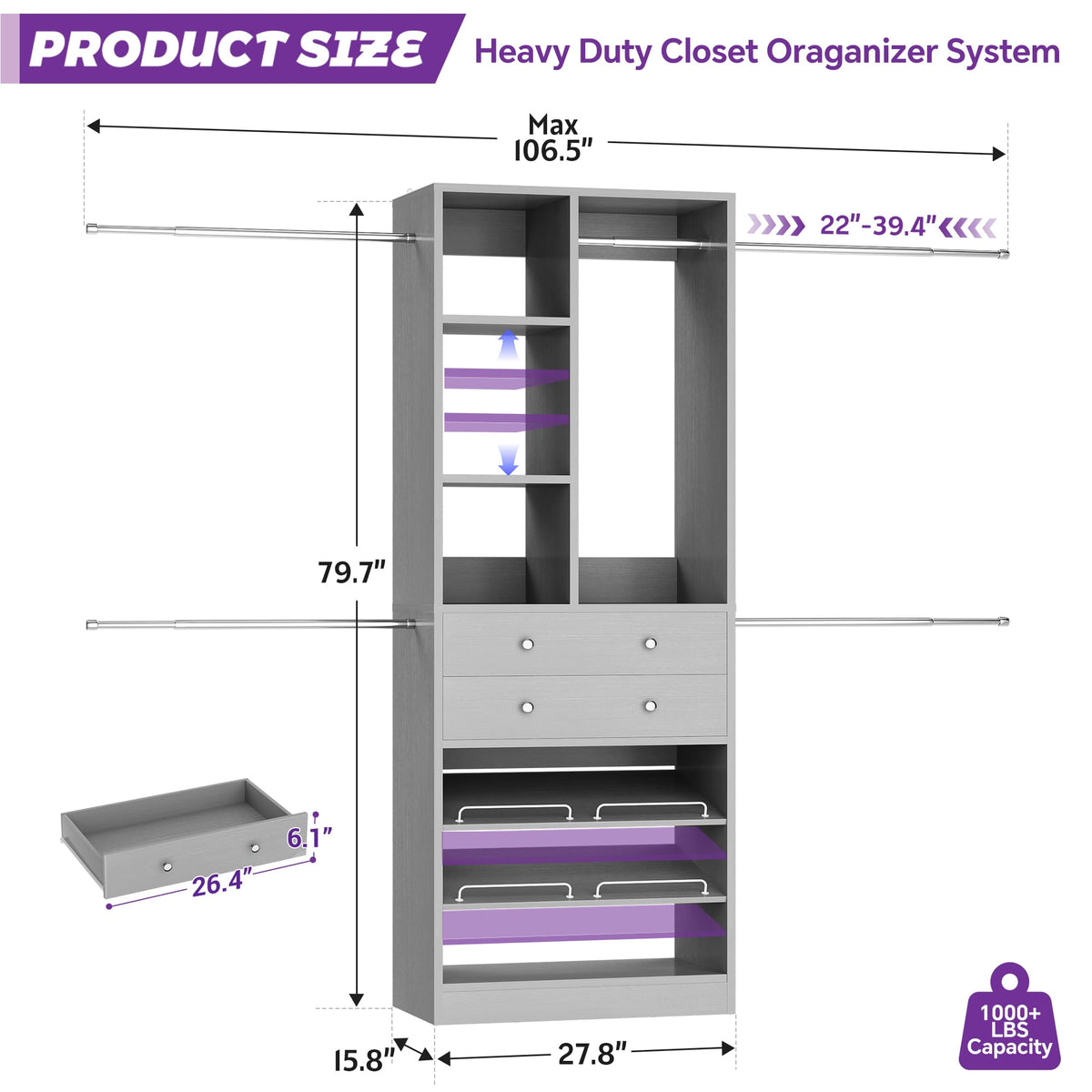 2.4–8.8 FT Adjustable Closet System, with 2 Drawers, 5 Hanging Rods & Adjustable Shelves