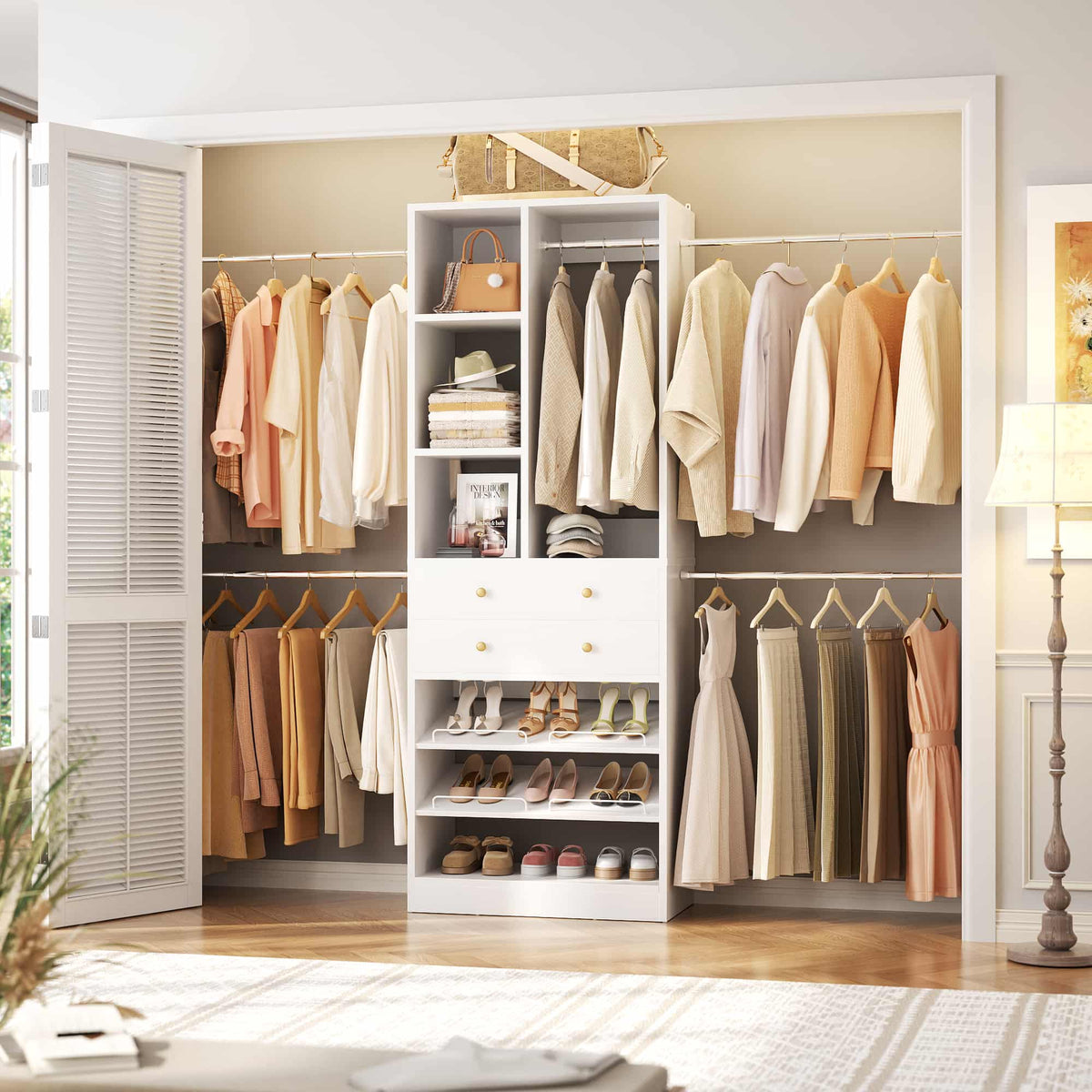 2.4–8.8 FT Adjustable Closet System, with 2 Drawers, 5 Hanging Rods & Adjustable Shelves