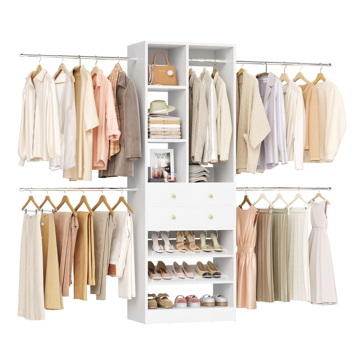2.4–8.8 FT Adjustable Closet System, with 2 Drawers, 5 Hanging Rods & Adjustable Shelves