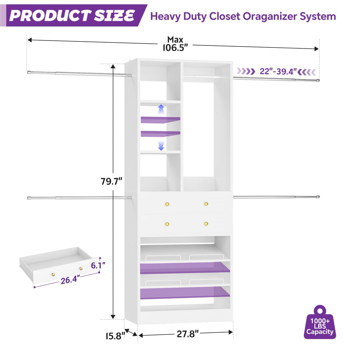 2.4–8.8 FT Adjustable Closet System, with 2 Drawers, 5 Hanging Rods & Adjustable Shelves