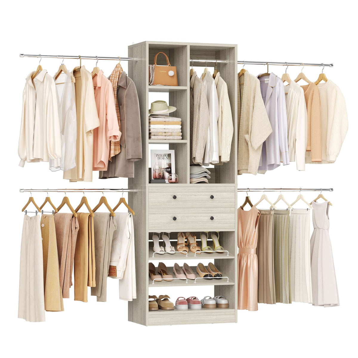 2.4–8.8 FT Adjustable Closet System, with 2 Drawers, 5 Hanging Rods & Adjustable Shelves
