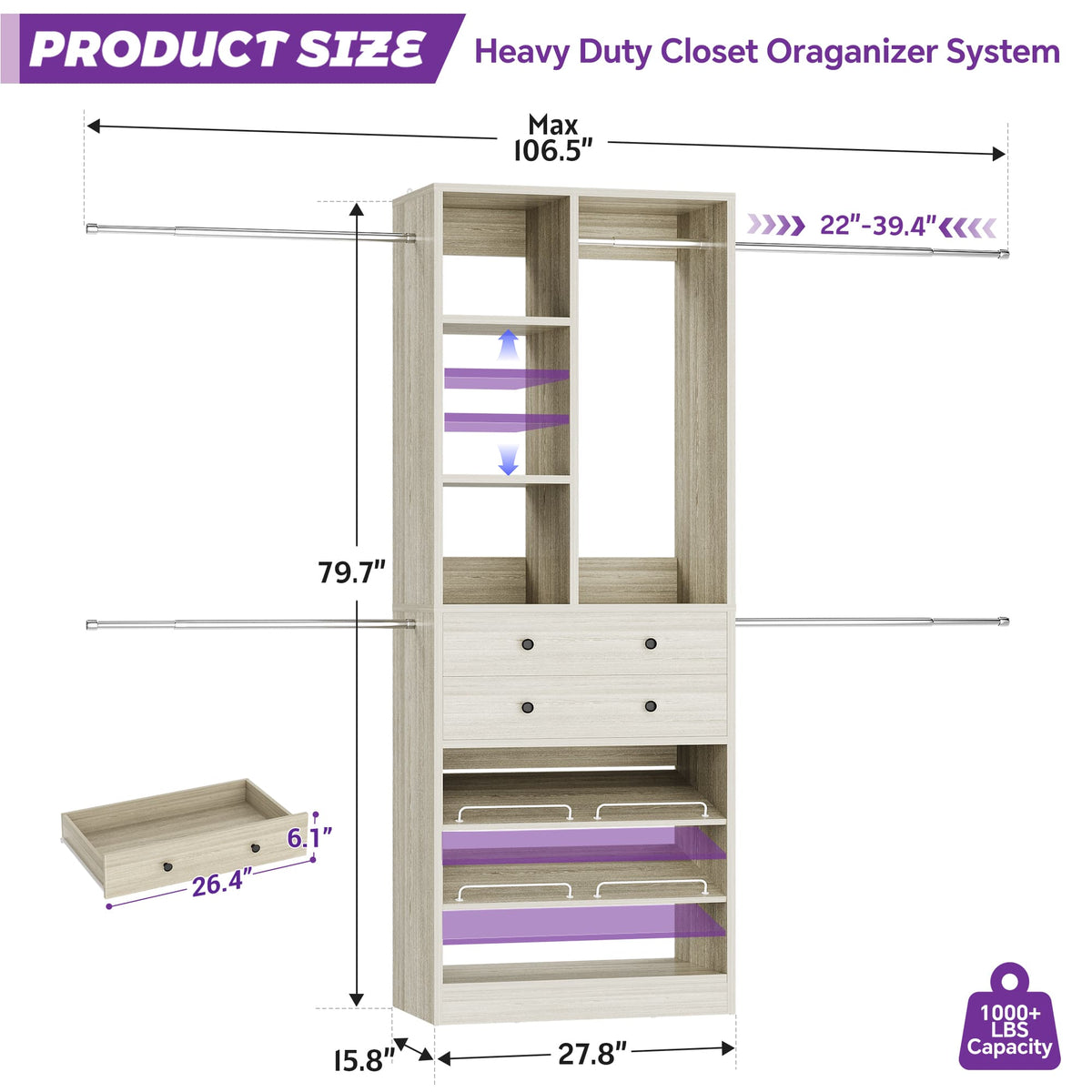 2.4–8.8 FT Adjustable Closet System, with 2 Drawers, 5 Hanging Rods & Adjustable Shelves