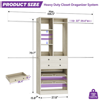 2.4–8.8 FT Adjustable Closet System, with 2 Drawers, 5 Hanging Rods & Adjustable Shelves