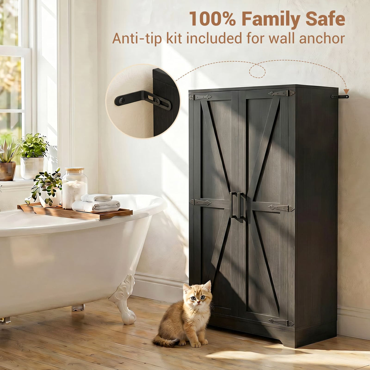 43.3'' Tall Small Farmhouse Bathroom Cabinet with Adjustable Shelves