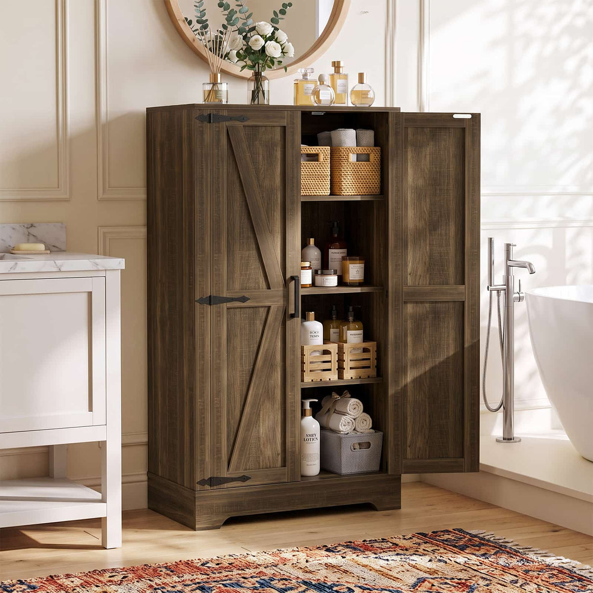 43.3'' Tall Small Farmhouse Bathroom Cabinet with Adjustable Shelves