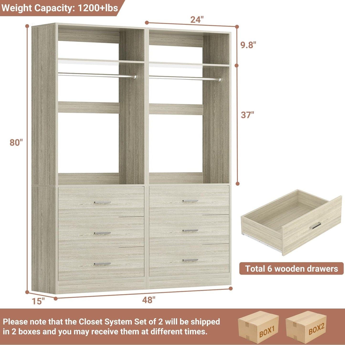 4FT (48 Inch) Closet Organizer System,Set of 2 - 6 Wood Drawers, 2 Hanging Rods & 2 Shelves
