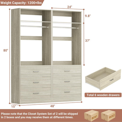 4FT (48 Inch) Closet Organizer System,Set of 2 - 6 Wood Drawers, 2 Hanging Rods & 2 Shelves