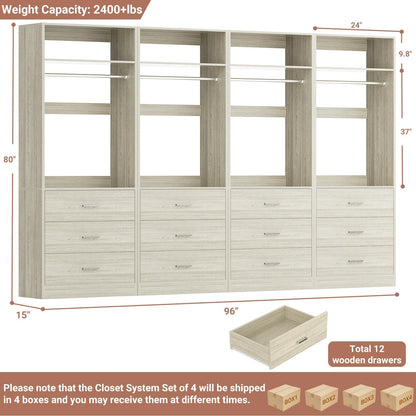 8FT (96 Inch) Closet Organizer System,Set of 4 - 12 Wood Drawers, 4 Hanging Rods & 4 Shelves
