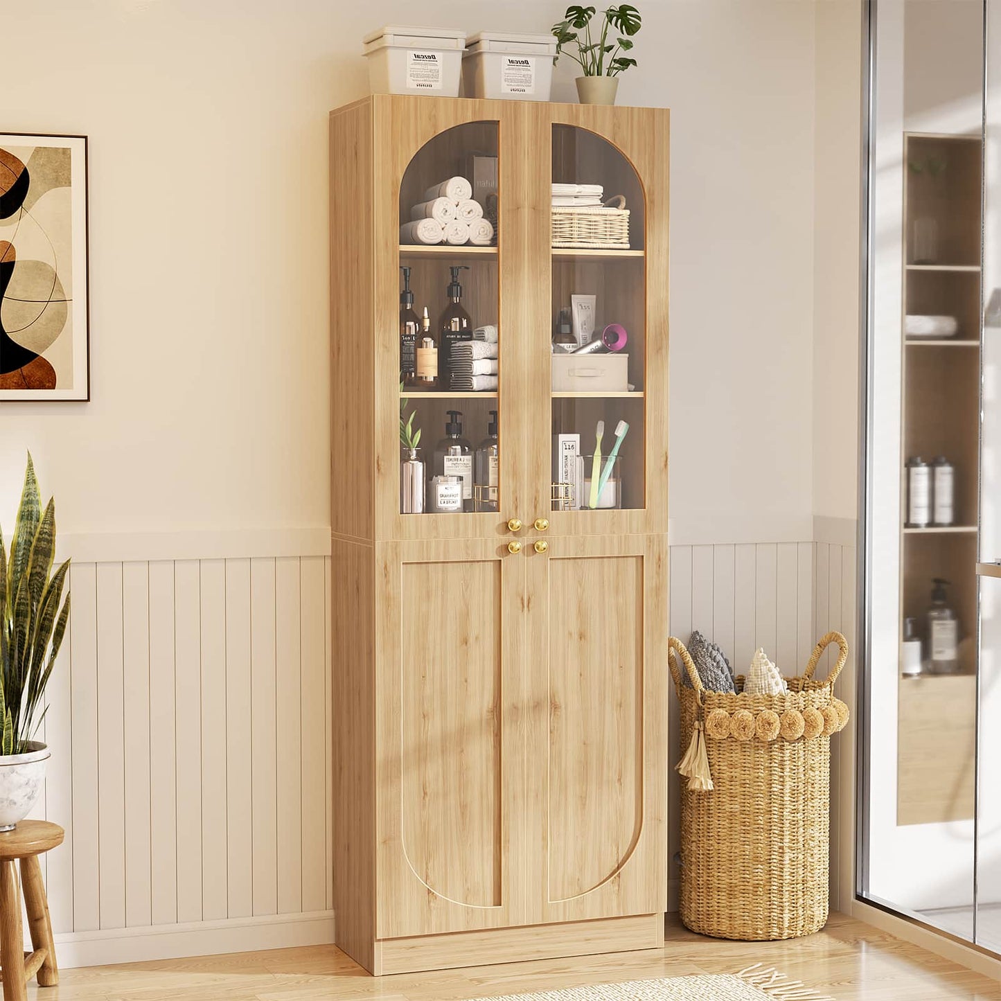 80'' Tall 6-Tier Bathroom Storage Cabinet, Linen Cabinet with Glass Doors and Adjustable Shelves