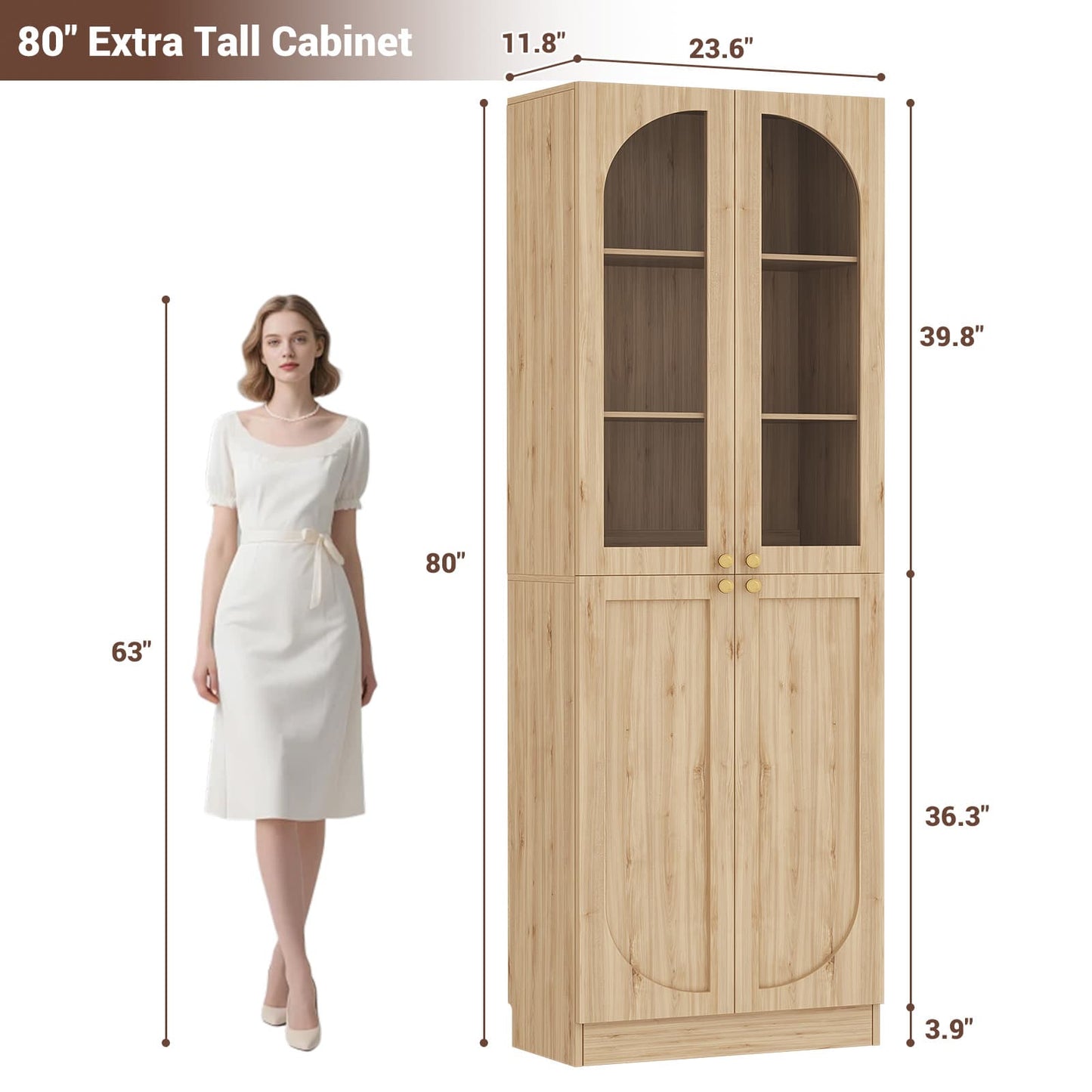 80'' Tall 6-Tier Bathroom Storage Cabinet, Linen Cabinet with Glass Doors and Adjustable Shelves